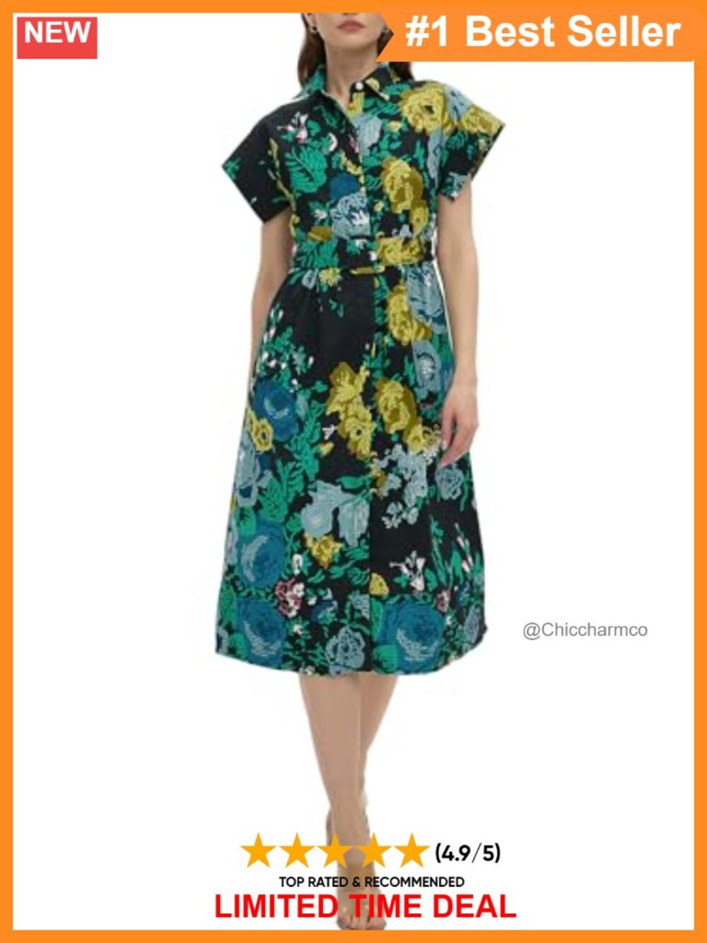 Floral Midi Shirt Dress Button Down Short Sleeve V-Neck Belted Casual Party
